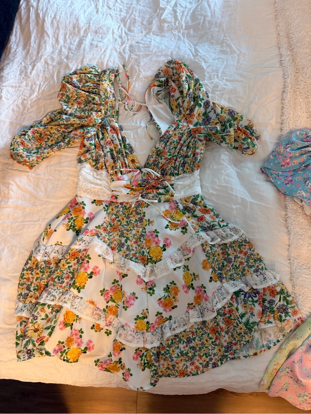 For Love & Lemons Floral Mini Dress in White, Yellow, Pink, Green - Picture 2 of 3